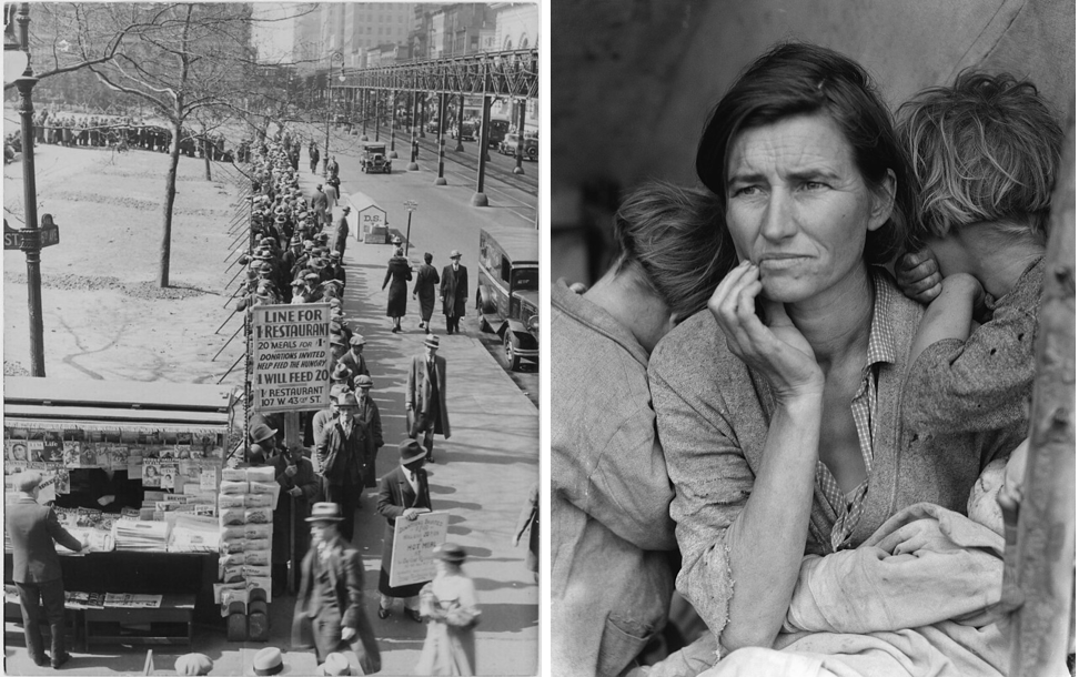 On the left, bread lines in New York City. On the right, the famous portrait of Florence Thompson.