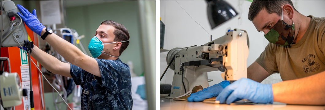 On the left, a member of the US Navy wearing an N95 respirator. On the right, a National Guardsman sews a cloth face mask.