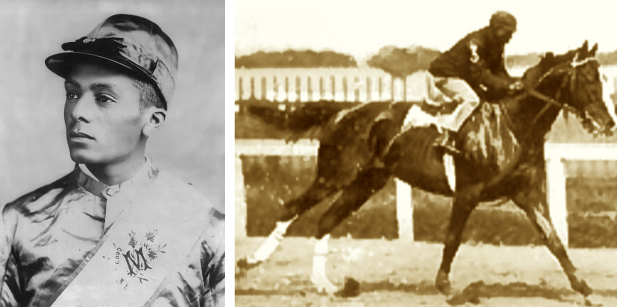 Jockey Oliver Lewis, a black man from Kentucky, riding Aristides to victory in the inaugural Kentucky Derby, 1875