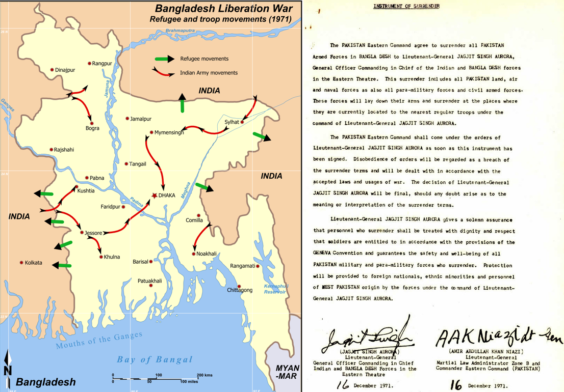On the left, map of Bangladesh Liberation War refugee and troop movements. On the right, text of the Instrument of Surrender.