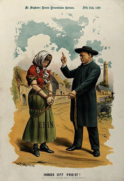 An 1891 political cartoon of a Roman Catholic priest yelling at a woman, 