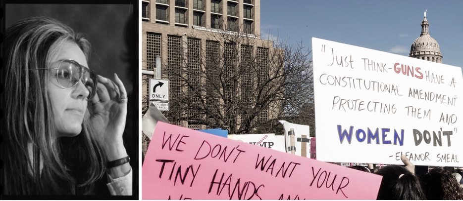 On the left, Gloria Steinem at a news conference. On the right, a sign from the 2017 Women’s March quoting Eleanor Smeal.