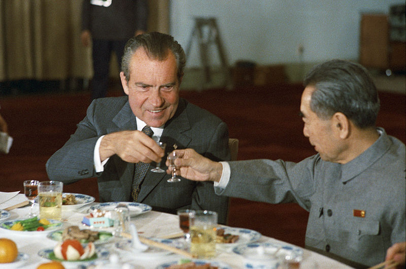 President Richard Nixon and Premier Zhou Enlai toasting.