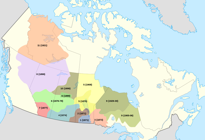 A map of the approximate borders of treaties between First Nations and Canada