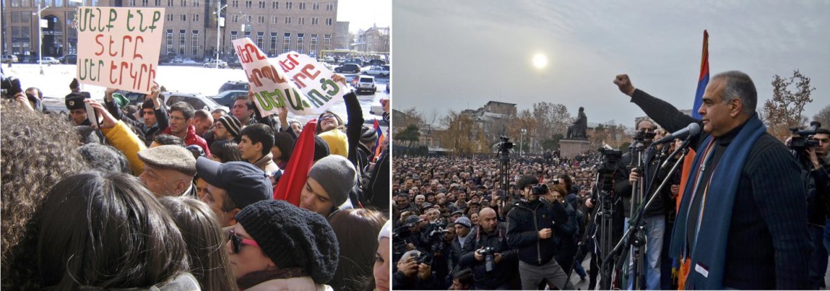 On the left, protesters in Mashtots Park in 2012. On the right, Raffi Hovannisian in Yerevan’s Freedom Square.