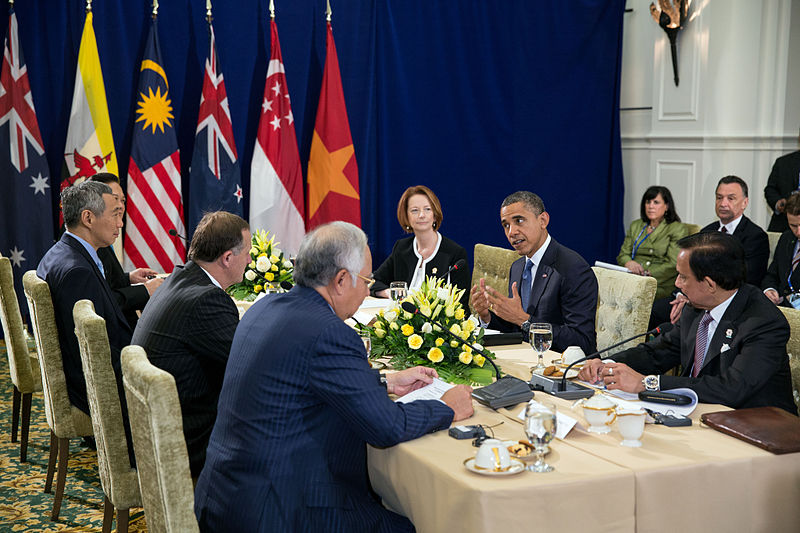 President Barack Obama meeting in Cambodia with potential signatories to the Trans-Pacific Partnership.