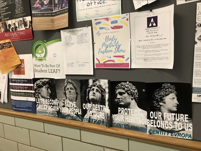 Identity Evropa members placed propaganda posters featuring iconic Classical and Renaissance sculptures like Michelangelo’s David and the Apollo Belvedere on many U.S. campuses in 2017.