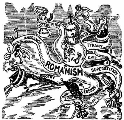 The octopus has long been used in anti-Catholic cartoons to depict the Roman Catholic Church, such as in this 1913 depiction of the church and pope as a malevolent octopus.