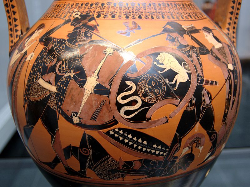 A scene from the Iliad of Achilles and Memnon fighting on an Attic black-figure amphora from around 510 B.C.E.