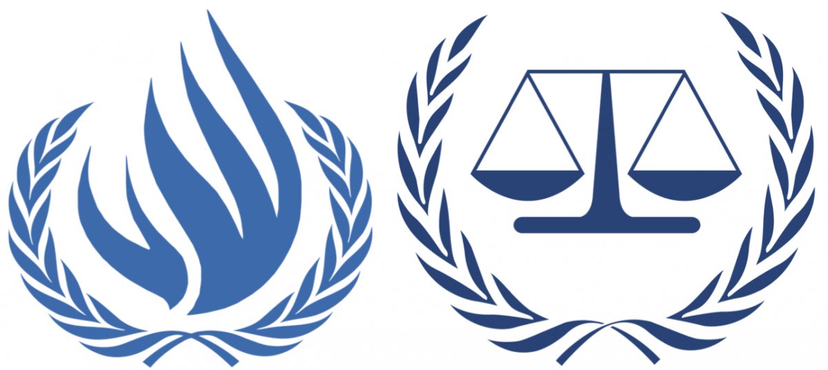 On the left, the logo for the UN Human Rights Council. On the right, the logo for the International Criminal Court.