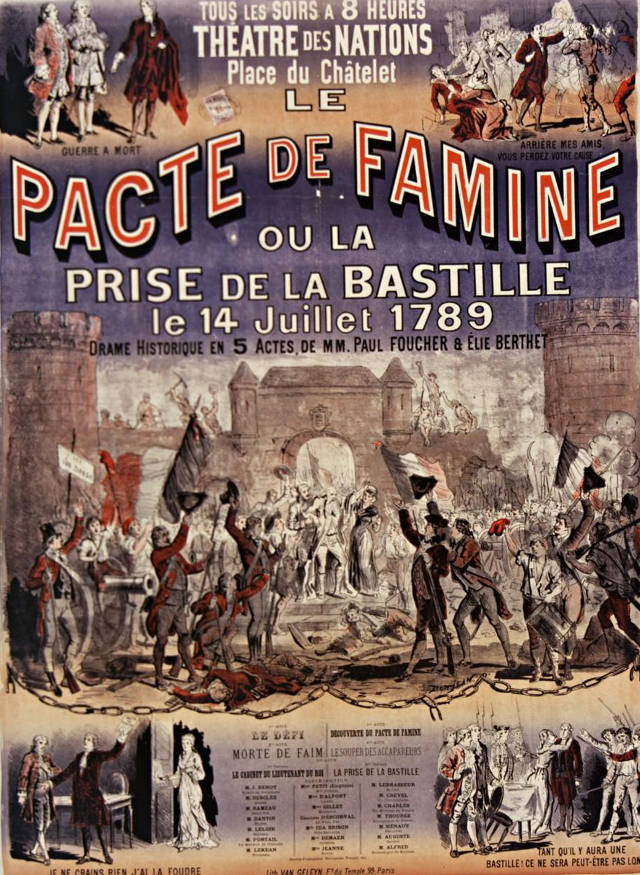 Poster by Gustave Donjean for the historic drama in five acts, Le Pacte de famine ou la Prise de la Bastille, le 14 juillet 1789, by Paul Foucher and Elie Berthet, played at the Théatre des Nations, place du Chatelet in 1870