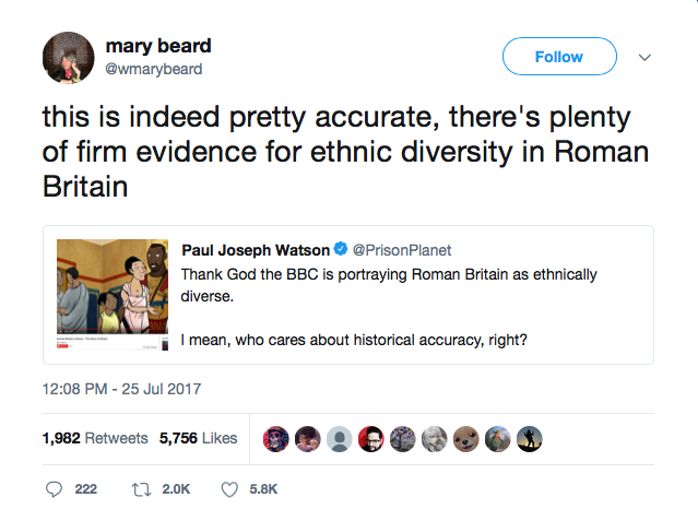 A tweet from classical scholar Mary Beard in response to criticism of a BBC cartoon on life in Roman Britain.