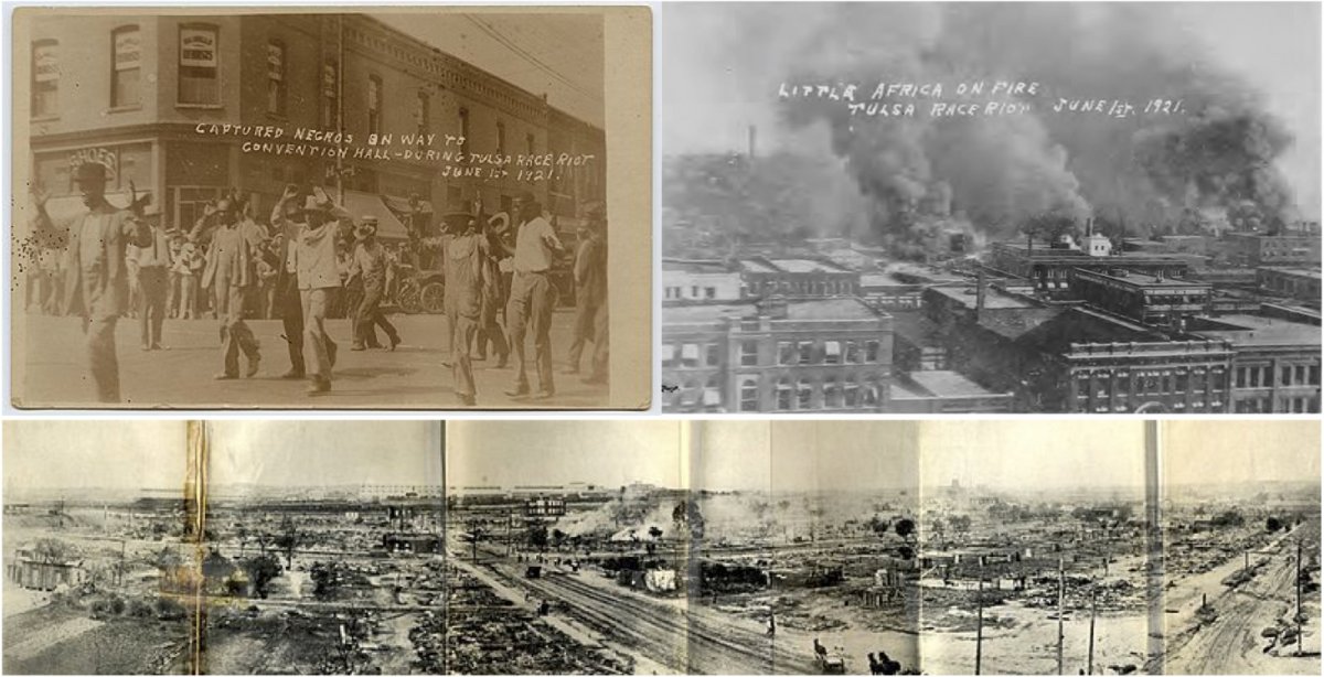 On the left, black residents of Tulsa, Oklahoma were rounded up and imprisoned during the riot in 1921. On the right, the black section of Tulsa, disparagingly nicknamed 'Little Africa' but called Greenwood by its residents, ablaze during the riot. On the bottom, a panoramic photograph showing the extent of the damage to Greenwood after the riot.