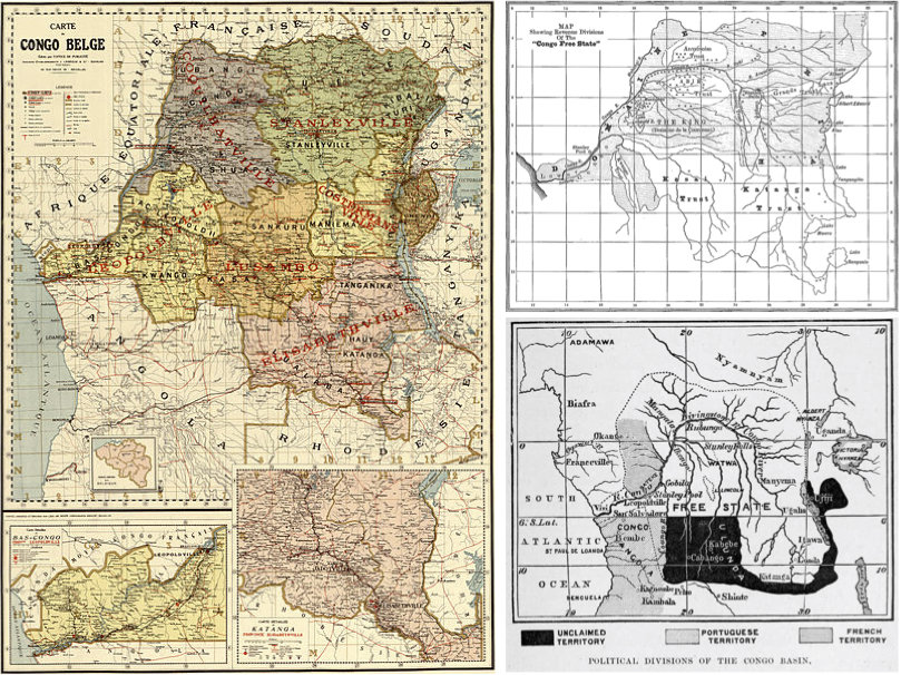 On the left, a map of the Congo Free State created sometime after 1920. On the top, a 1906 map showing revenue divisions in the Congo Free State with crosses marking the locations of documented atrocities. On the bottom, an 1885 map from H.M. Stanley’s book, The Congo and the Founding of its Free State; A Story of Work and Exploration.