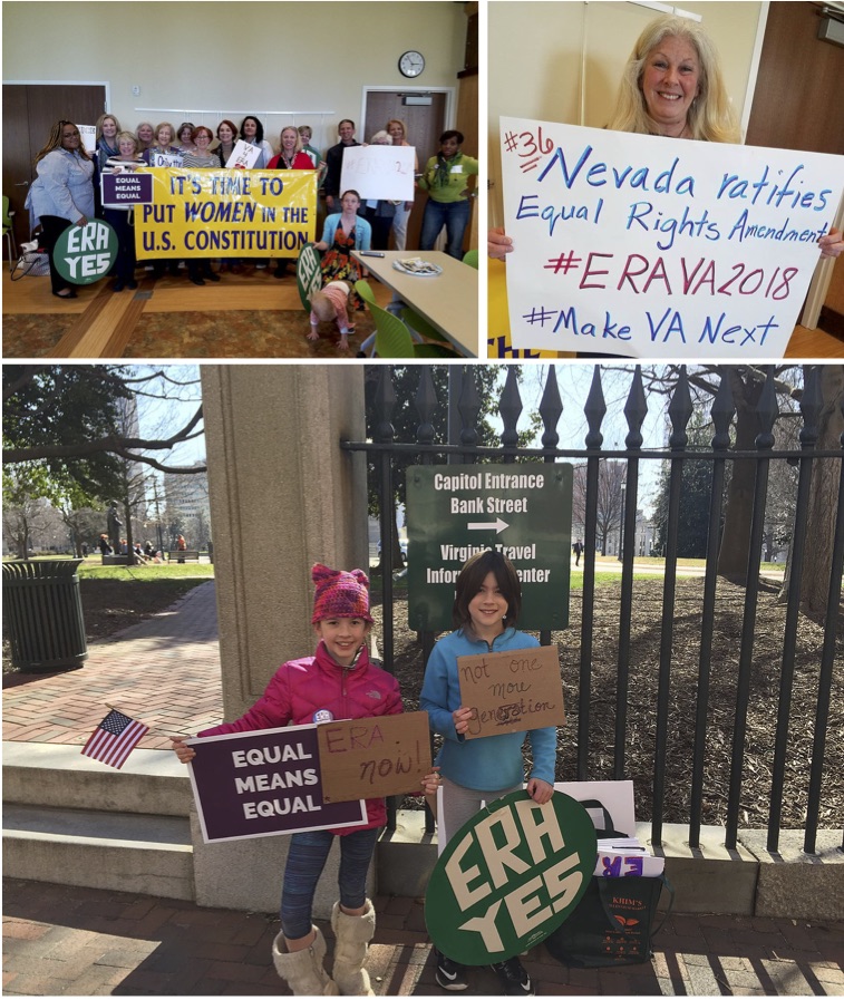 On the top left, Equal Rights Amendment activists in Nevada. On the top right, a woman celebrating Nevada’s passage of the Equal Rights Amendment. On the bottom, children at a Virginia rally supporting the Equal Rights Amendment.