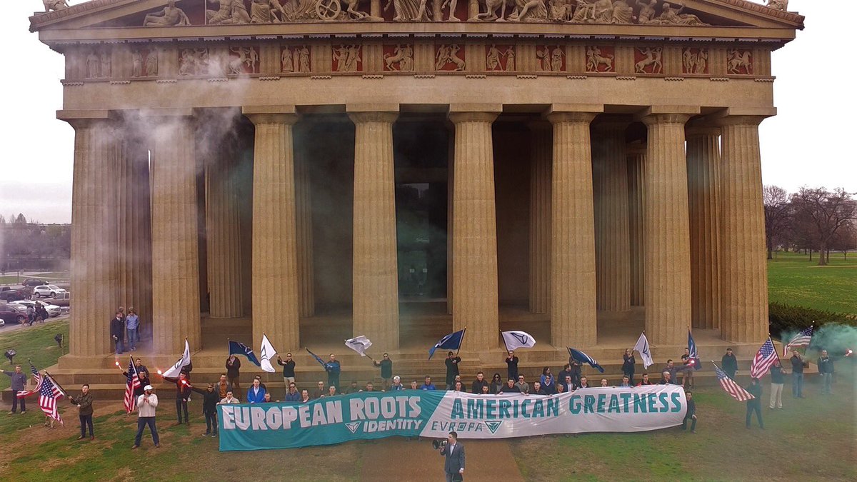A 2018 Identity Evropa demonstration in front of a recreation of the Parthenon in Nashville, TN.