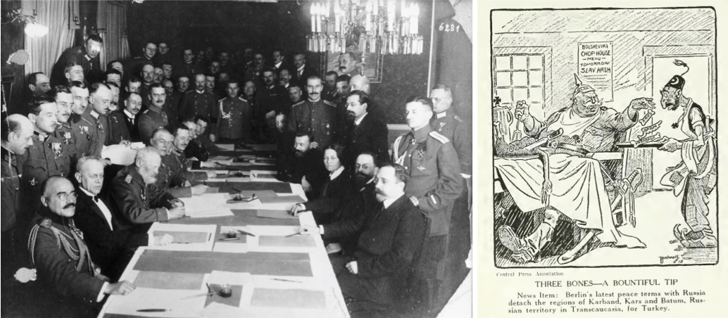 The signing of the Russian-German armistice in late 1917 (left). A 1918 cartoon depicting Germany dismembering Russia and passing on several territories to Turkey after the Treaty of Brest-Litovsk (right).
