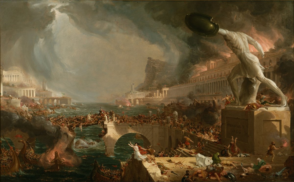 Painting by Thomas Cole that depicts a highly dramatic, catastrophic image of Rome's end.