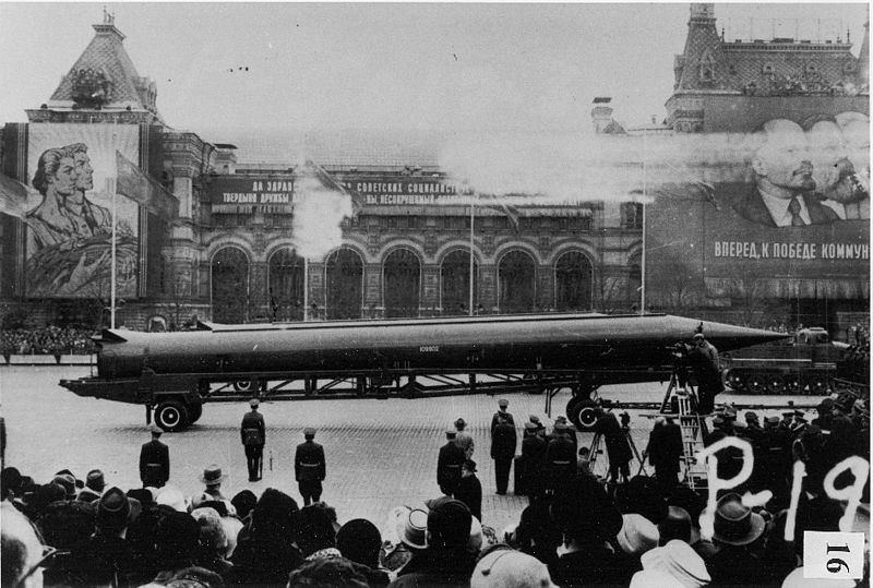 A CIA photo of a Soviet medium-range ballistic missile in Red Square, Moscow.