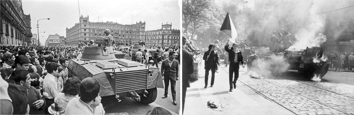 On the left, a tank and student protestors in Mexico City’s Plaza de la Constitución. On the right, protesters in Prague during the Soviet invasion of Czechoslovakia.