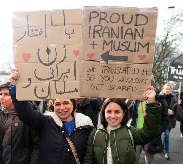 Two of an estimated ten thousand marchers at a London rally in February 2017 protesting President Donald Trump’s entry ban on people from seven majority Muslim countries.