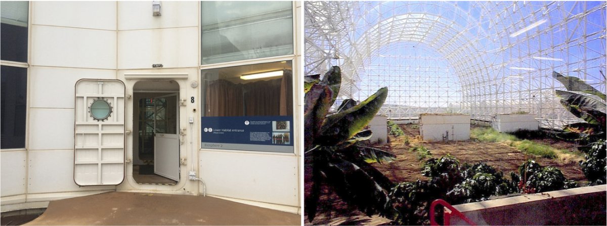 The airlock of Biosphere 2 (left) and an area for cultivating crops in Biosphere 2 in 1998 (right).