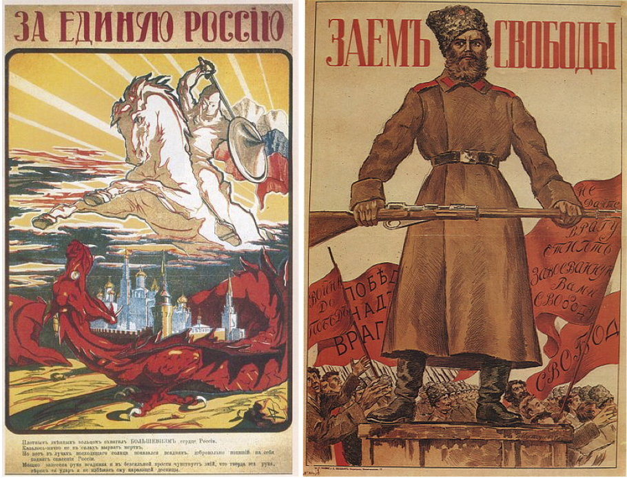 A 1919 Russian White Forces poster depicting the Bolsheviks as a red dragon being defeated by a crusading knight representing the Whites (left). A 1916 tsarist poster entitled 'Freedom Loan' entreating Russians to take out loans to fund World War I (right).