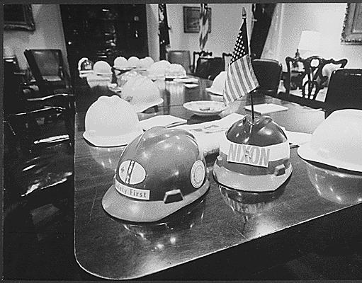 Hard hats left on a White House table.