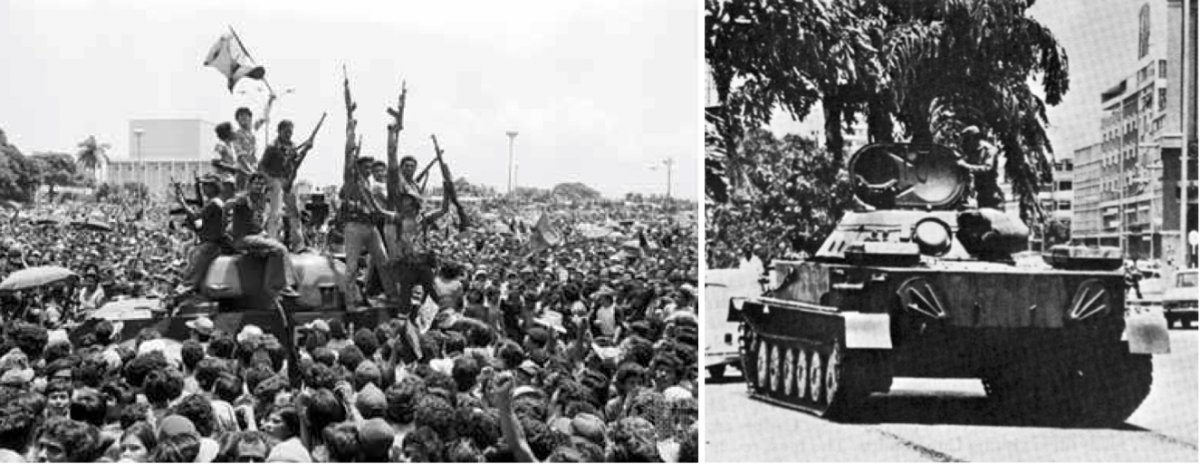 On the left, Sandinistas celebrating in Nicaragua. On the right, a Cuban tank in Angola.