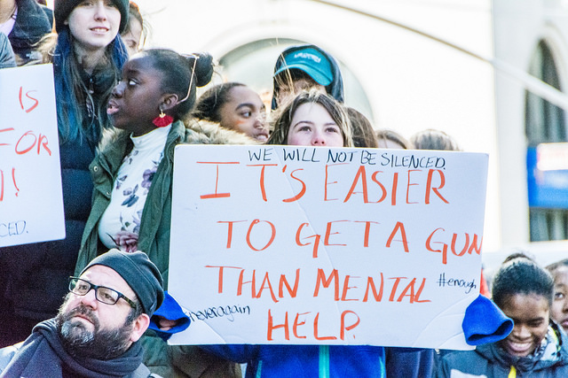 Students from a Brooklyn, NY high school demanding elected officials enact gun legislation as part of a broader national student walkout on the one-month anniversary of the Parkland, FL shooting