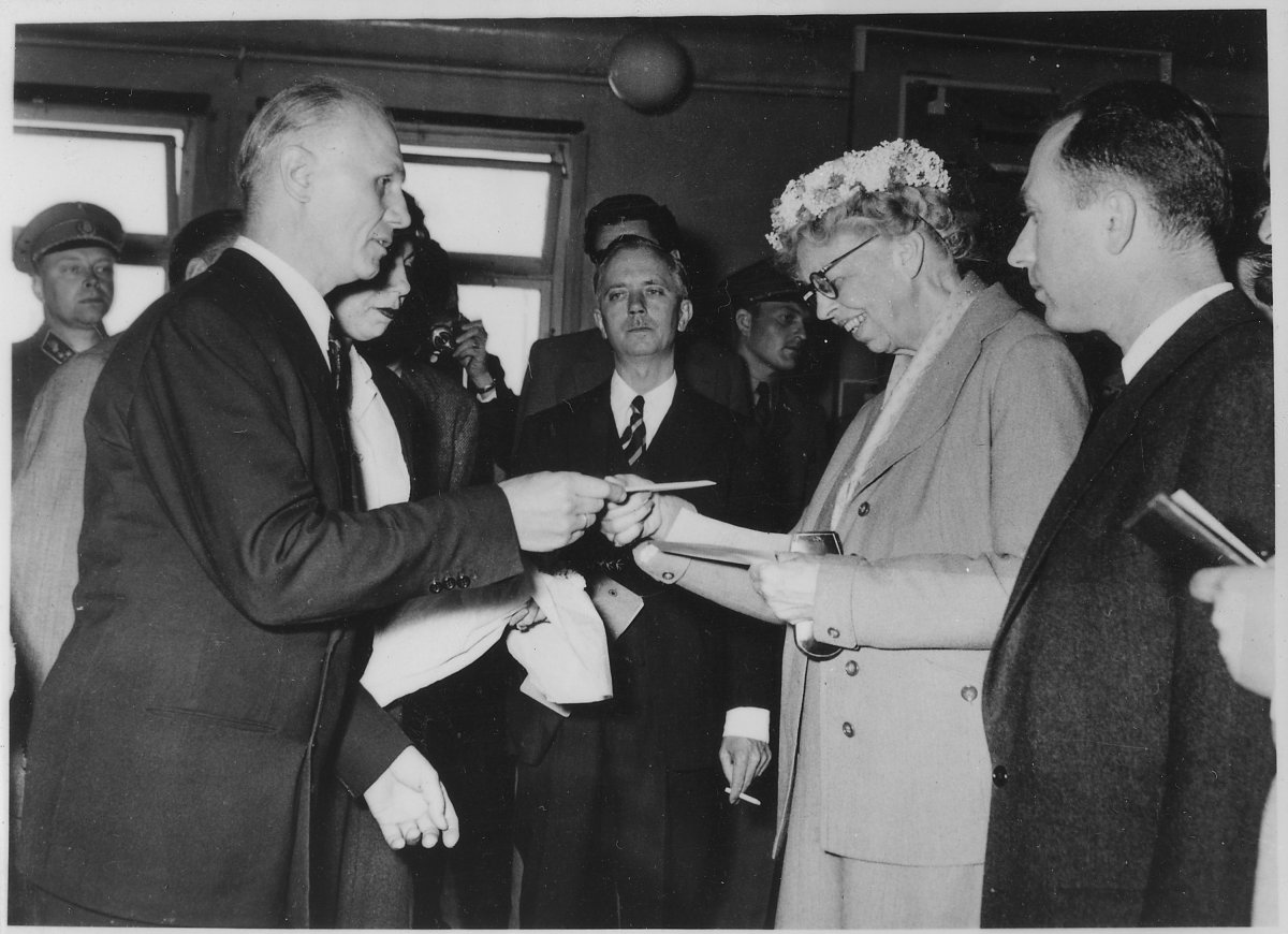 Eleanor Roosevelt visits Hungarian Freedom Fighters in Salzburg, Austria.