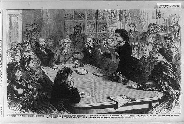 An 1871 illustration of suffragists arguing that women should be allowed to vote on the basis of the Fourteenth and Fifteenth Amendments before the House of Representatives Judiciary Committee.