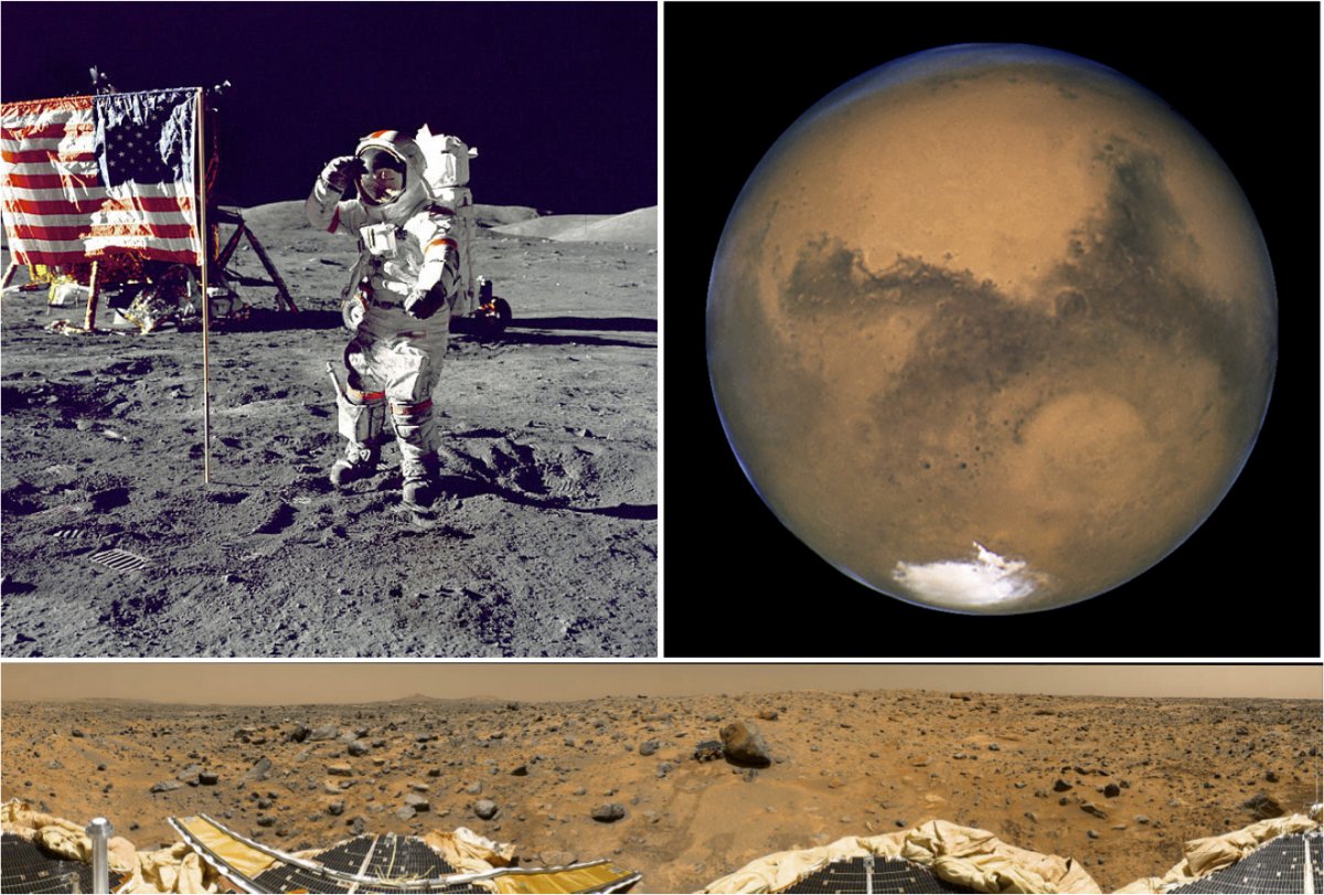 Astronaut Eugene A. Cernan on the moon in 1972 (left), Mars in 2003 (right), and a panoramic image of the Mars Pathfinder mission in 1997 (bottom).