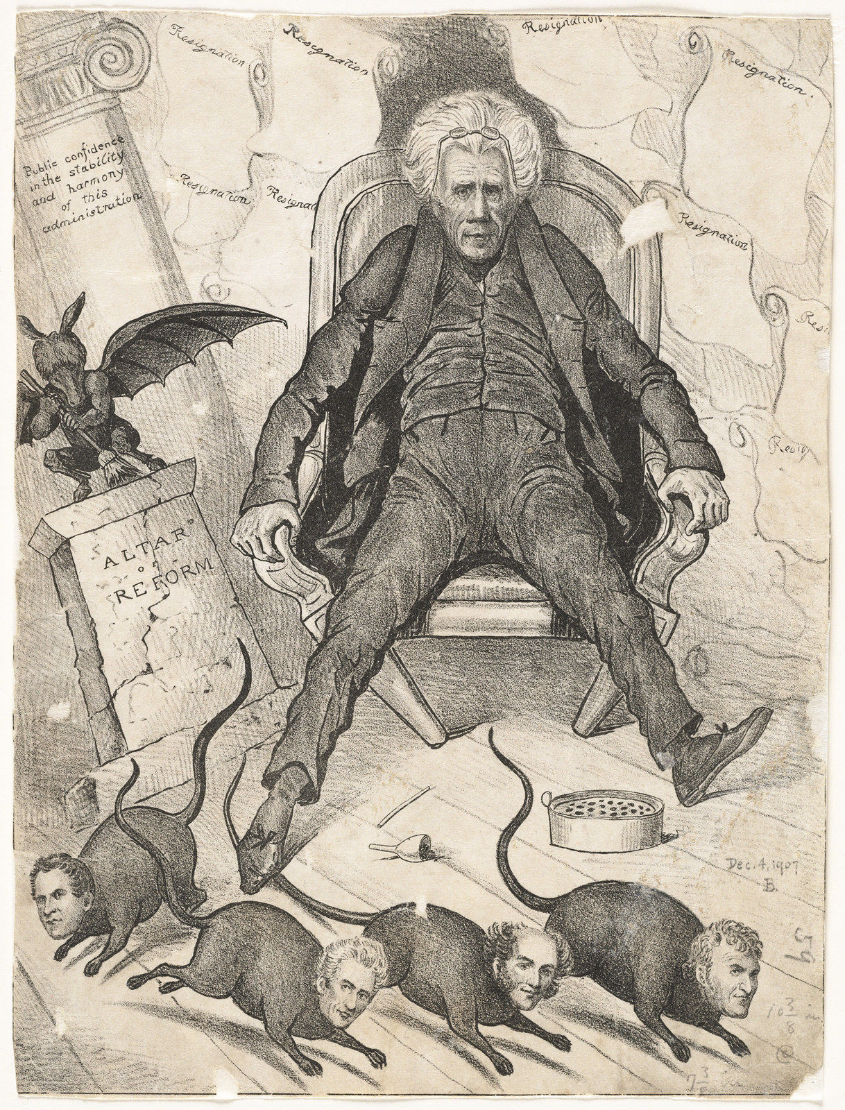 An 1831 cartoon depicting resignations from President Jackson’s cabinet after the Peggy Eaton scandal.