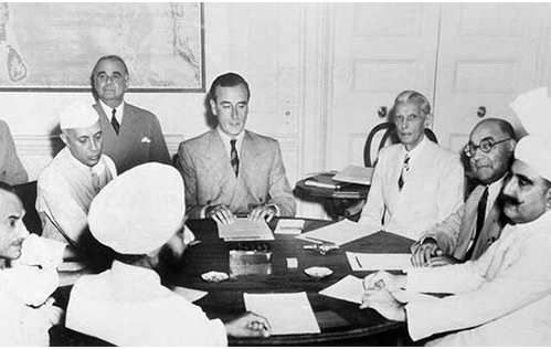 British Viceroy Lord Louis Mountbatten meeting with Nehru, Jinnah and others to plan the partition of 1947.