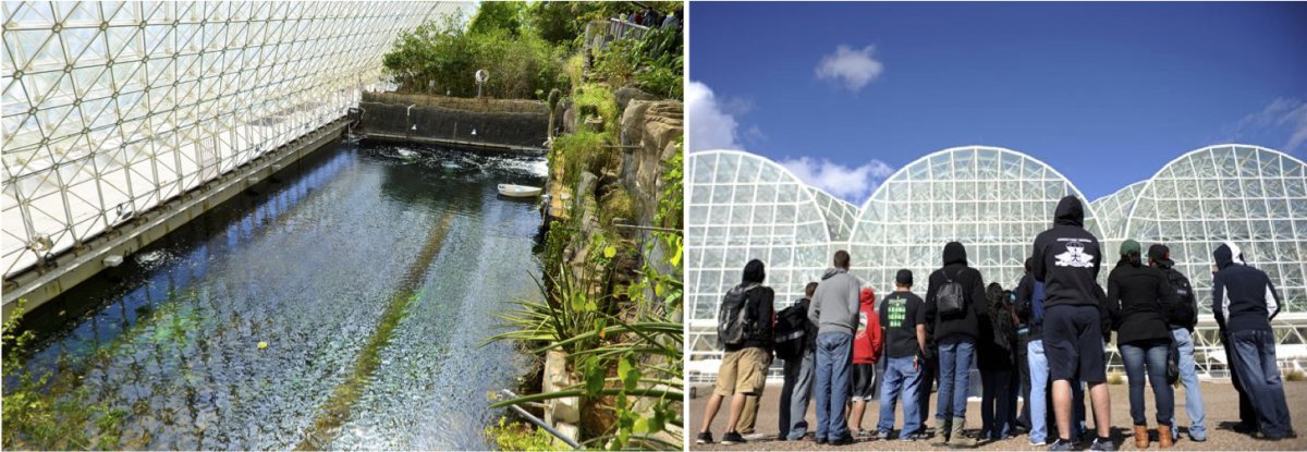 The Ocean area of Biosphere 2 in 2014 (left) and a tour of the Biosphere 2 facility (right).