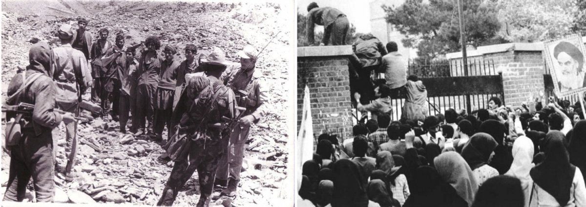 On the left, Soviet soldiers after capturing Mujahideen fighters. On the right, Iranian students storming the U.S. Embassy in Tehran.