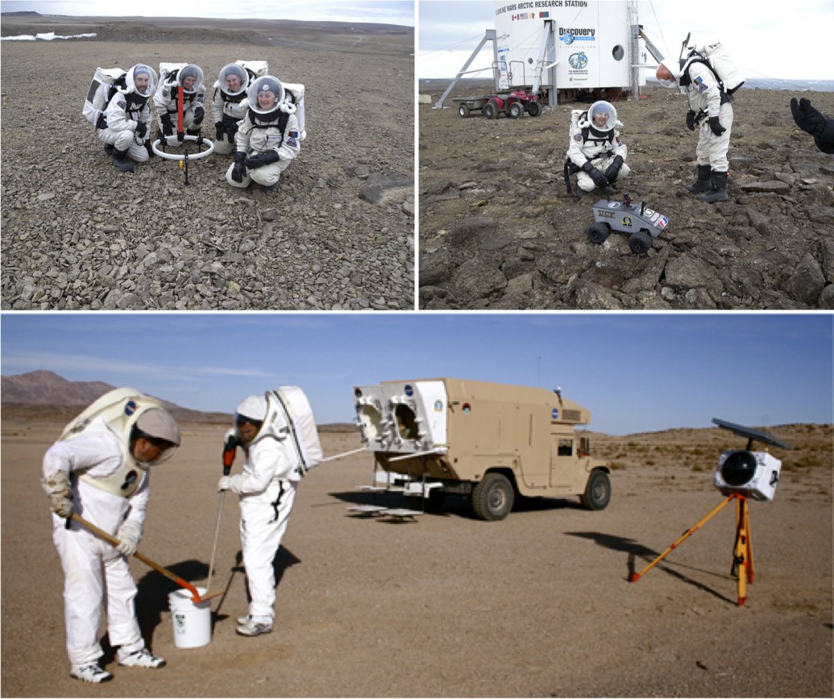 The Flashline Mars Arctic Research Station crew practice surveying (left), the Flashline Mars Arctic Research Station with two crew members, the habitat, and rover in 2009 (right), and NASA and researchers from the Mars Institute and SETI Institute conducting field tests (bottom).
