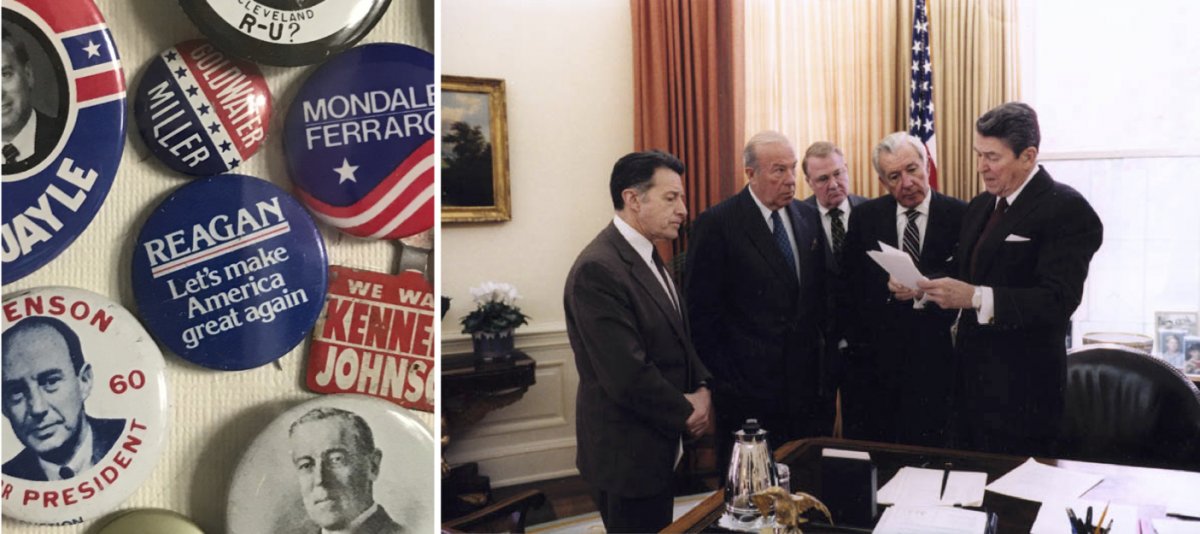 On the left, a campaign button from Ronald Reagan’s 1980 presidential campaign. On the right, President Ronald Reagan in the Oval Office discussing remarks on the Iran-Contra affair with aids.