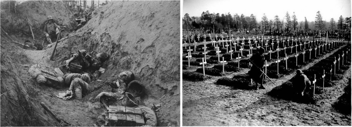 Italian soldiers killed in a trench in Slovenia during World War I (left). Members of the Women’s Army Auxiliary Corps tending the graves of British soldiers in a cemetery in Abbeville, France in 1918 (right).