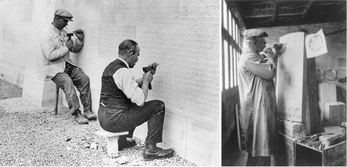 Between 1925 and 1939, workers carved the names of Canada’s Great War dead into the Vimy Memorial in France (left). A worker for the Commonwealth War Graves Commission would spend a week carving a regimental badge onto a headstone (right).