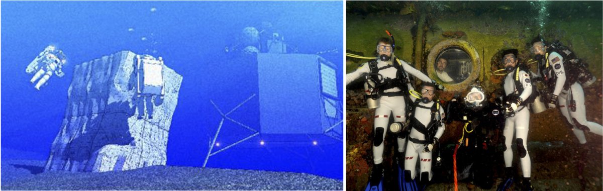 Crew members performing operations outside the NASA Extreme Environment Mission Operations (NEEMO) underwater laboratory (left). Crew members of NEEMO pose inside and outside their underwater habitat (right). 