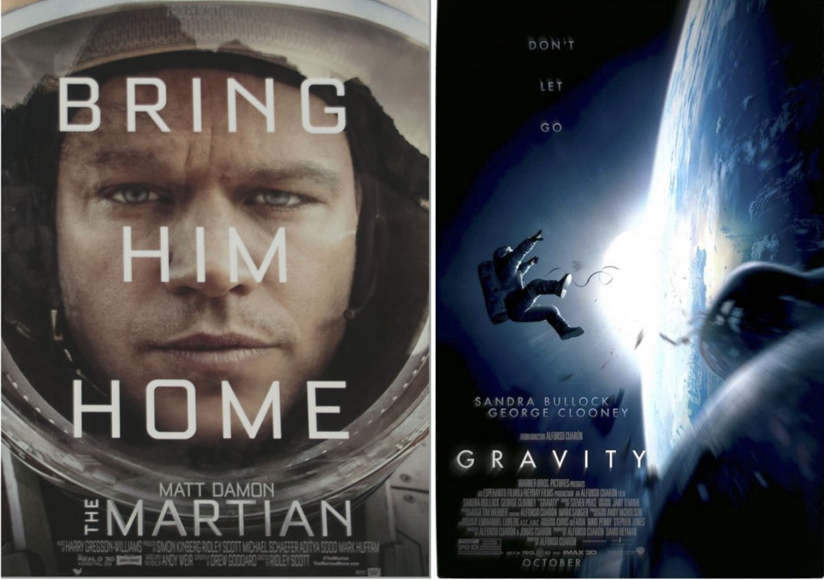 The poster for the 2015 film The Martian (left). The poster for the 2013 film Gravity (right).