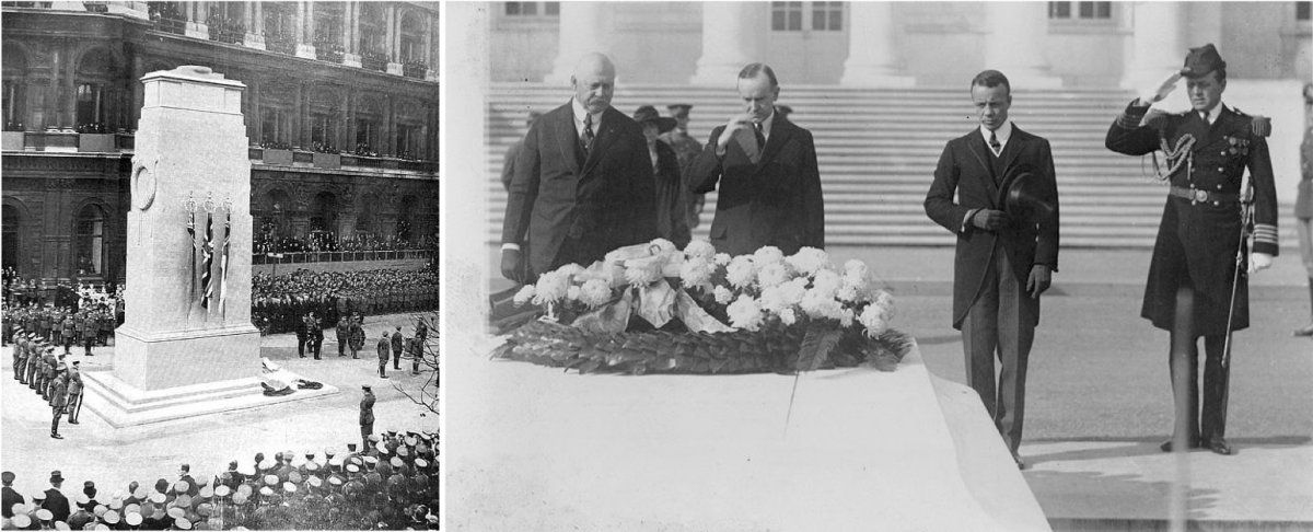 On the left, the unveiling of the Whitehall Cenotaph, a war memorial in London, England. On the right, American Secretary of War John Weeks, President Calvin Coolidge, and Assistant Secretary of the Navy Theodore Roosevelt, Jr. at the Tomb of the Unknown Soldier.