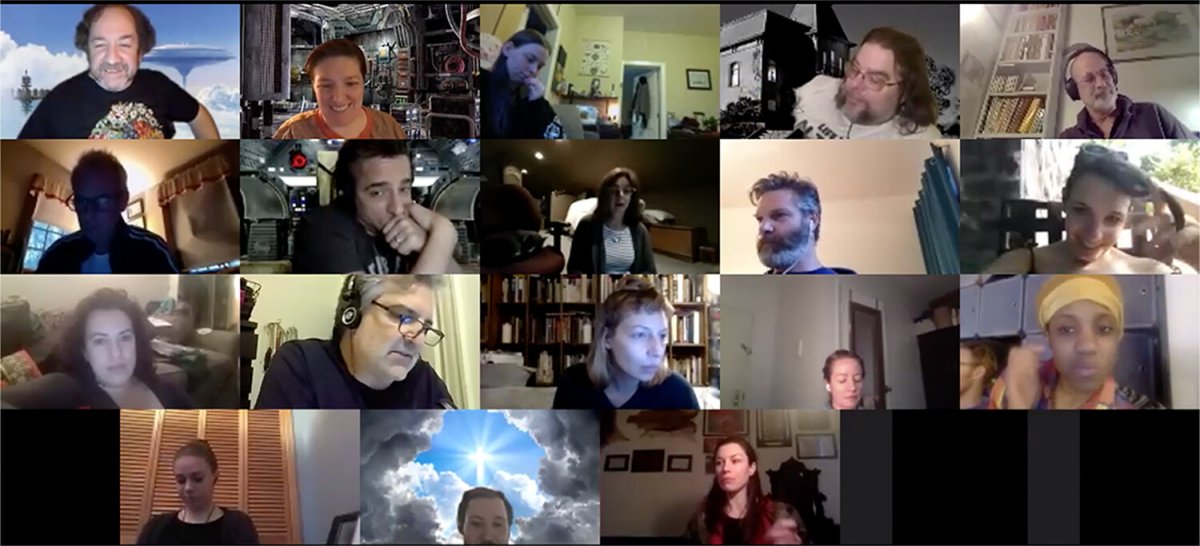 The theater company, Gemini CollisionWorks, gathers most of its 22 members for a Zoom meeting.
