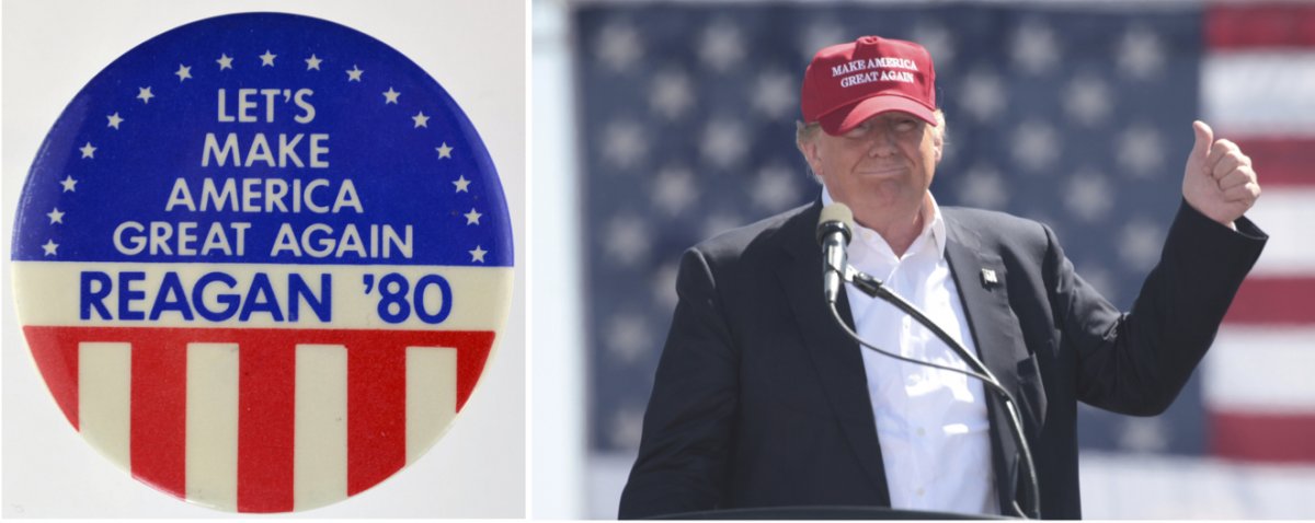 On the left, a button from Ronald Reagan’s 1980 presidential campaign. On the right, Donald Trump wearing one of his iconic 'Make America Great Again' hats.