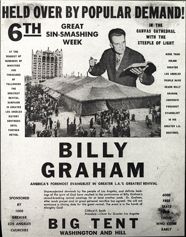 An advertisement for Graham’s 1949 tent revival.