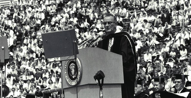 Lyndon B. Johnson at the 1964 commencement address at the University of Michigan.