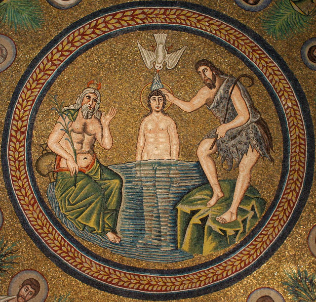 The baptism of Christ as depicted in the Arian Baptistery in Ravenna, Italy