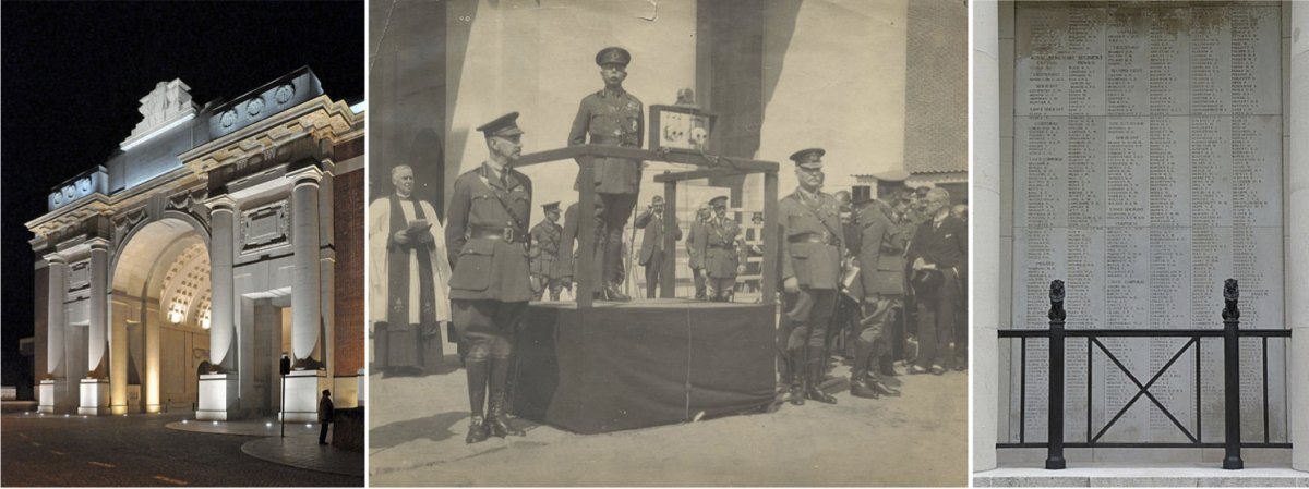 On the left, the Menin Gate Memorial to the Missing in Ypres, Belgium. In the middle, Brigadier General Francis Dodd of the Canadian Expeditionary Force unveiling the Menin Gate Memorial. On the right, one of the many panels inside the Menin Gate Memorial.